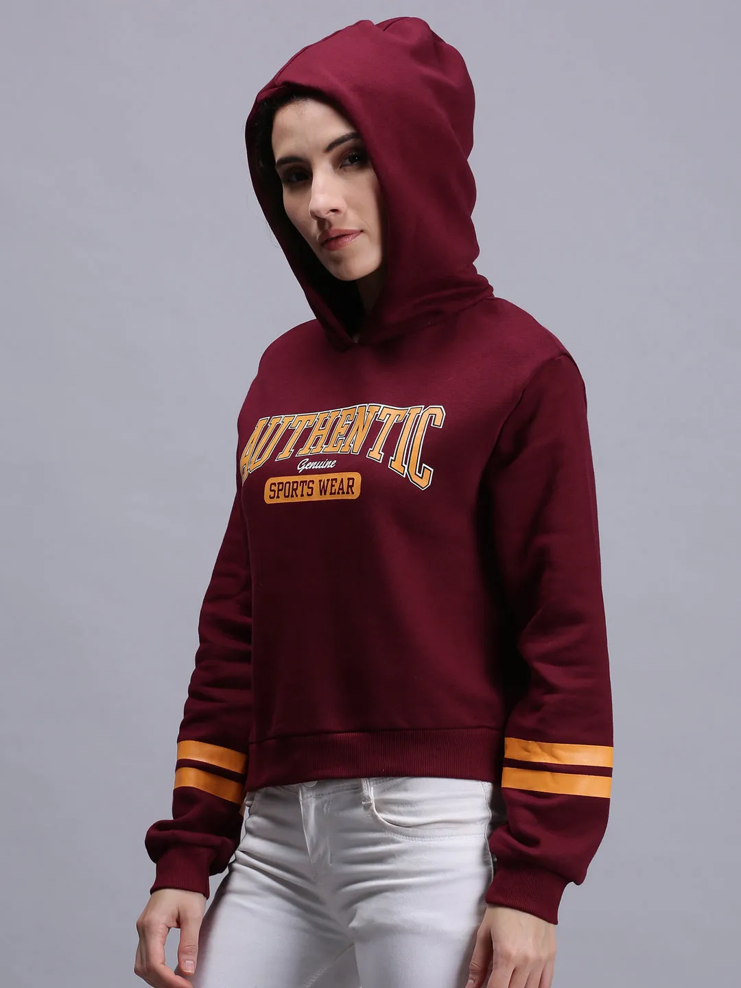 Women Maroon Printed Pullover Hoodie Sweatshirt