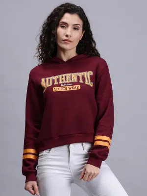 Women Maroon Printed Pullover Hoodie Sweatshirt