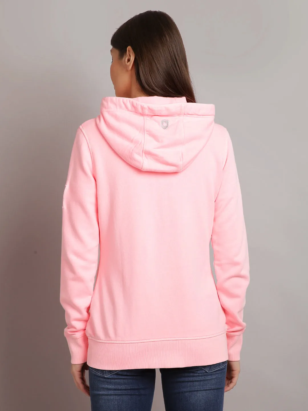 Women Pink Embroidered Zip Hooded Sweatshirt