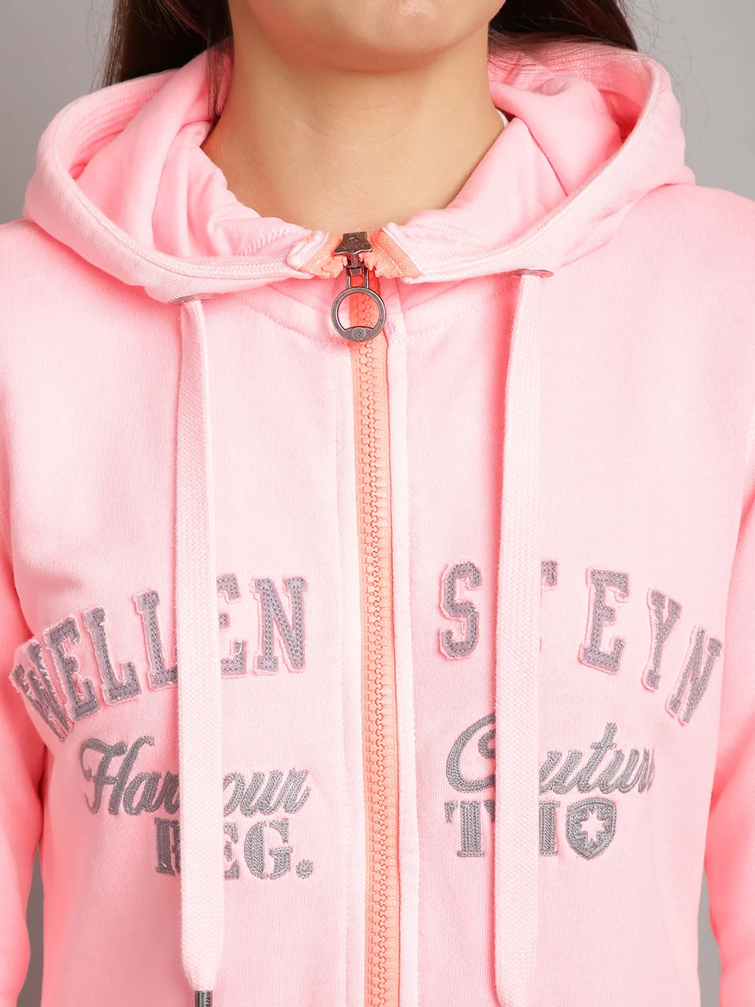 Women Pink Embroidered Zip Hooded Sweatshirt