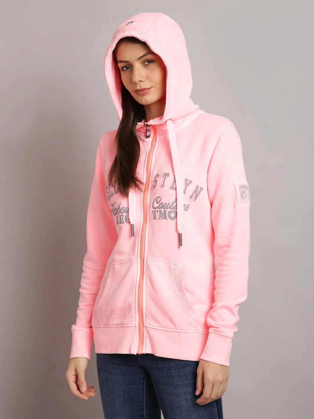 Women Pink Embroidered Zip Hooded Sweatshirt