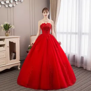 Women Stylish Flower Lace Decorated Long Ball Gown Wedding Dress - WWD82868