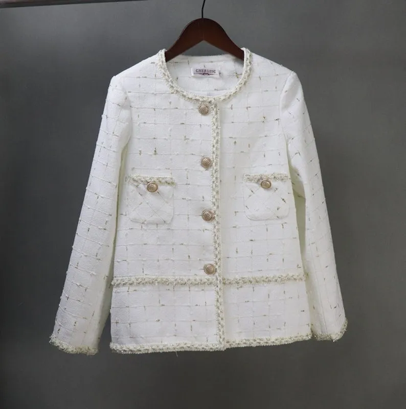 Women Tailor Made White Tweed  Checked Blazer White Coat