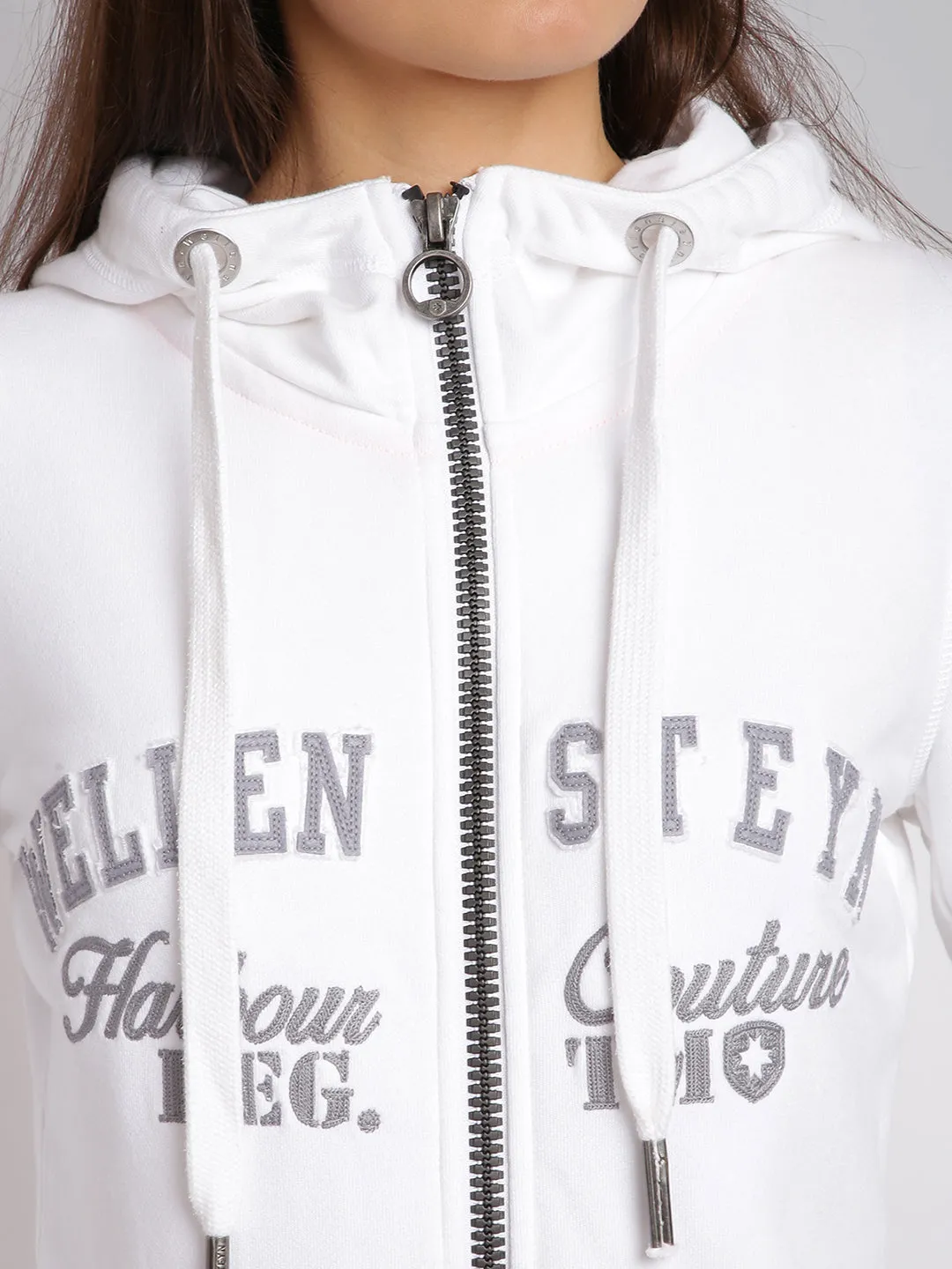 Women White Embroidered Zip Hooded Sweatshirt