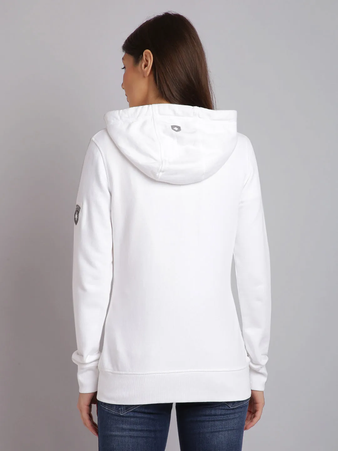 Women White Embroidered Zip Hooded Sweatshirt