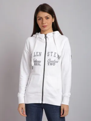 Women White Embroidered Zip Hooded Sweatshirt