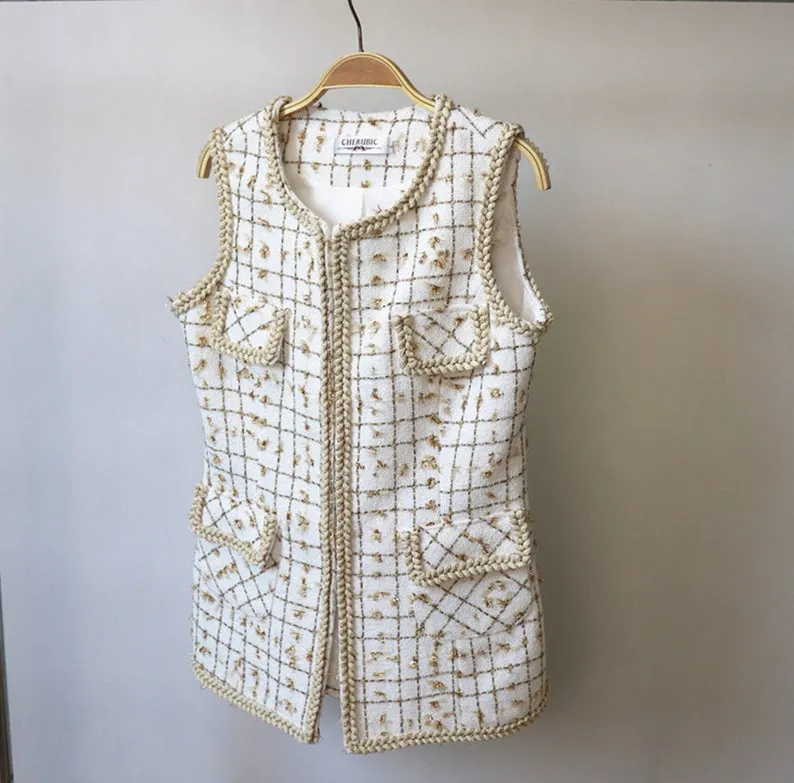 Women's Designer Inspired CUSTOM MADE Golden Check Pattern Tweed Vest Gilet