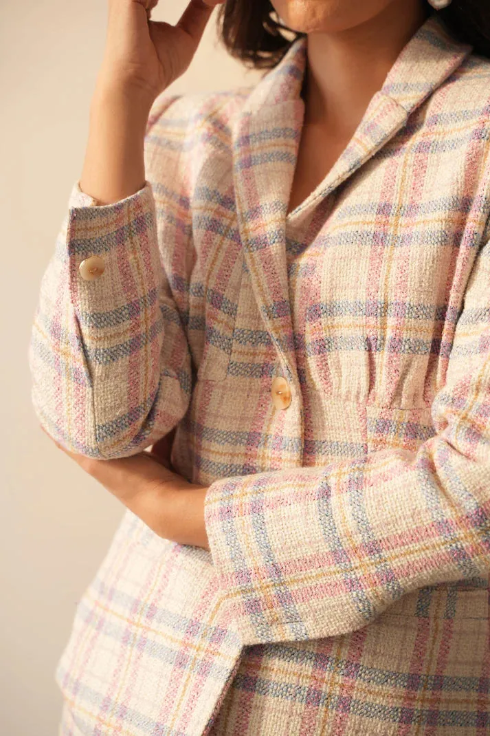 Women's Office Pink Blue Check Jacket