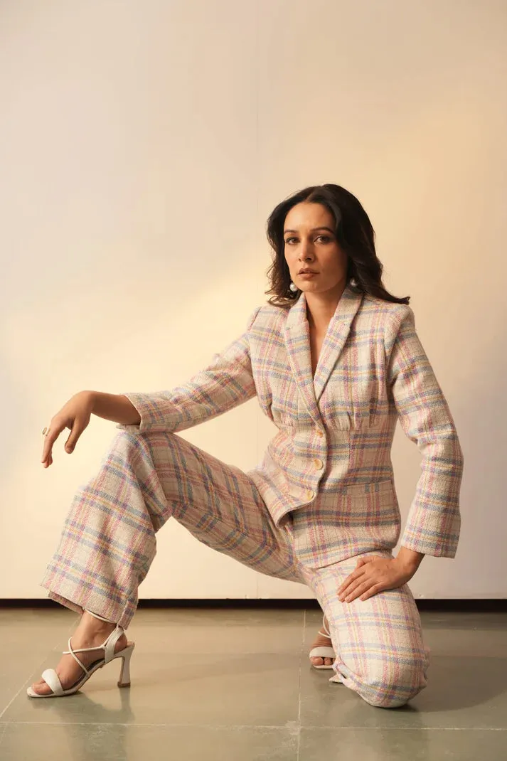 Women's Office Pink Blue Check Jacket