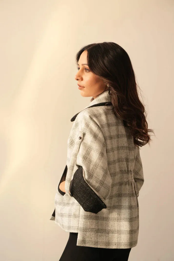 Women's Woolen White Checkered Jacket